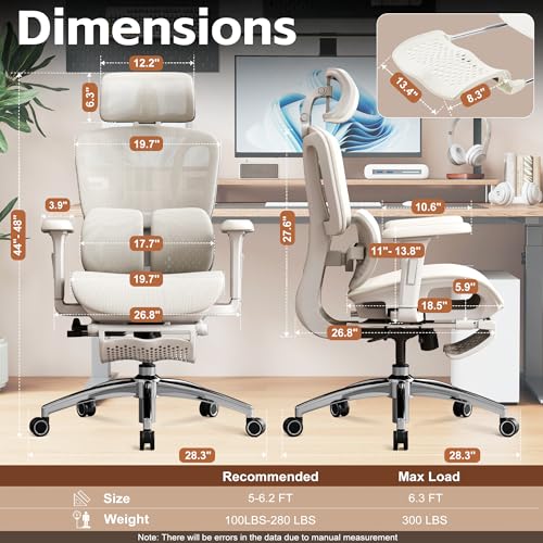 Image of Vonesse Ergonomic Office Chair,Desk Chair with Adjustable 3D Headrest and Armrests, Gaming Chair with Dynamic Lumbar Support & Adjustable Depth Breathable Mesh Seat (White)