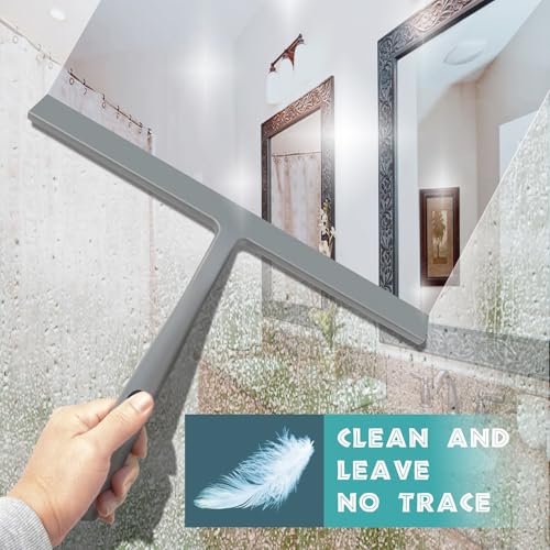 Image of 14 Inch Silicone Shower Squeegee for Glass Doors with Hook - Streak-Free Window Cleaner for Bathroom, Mirror, Tile & Car, No Scratch Squeegee with Metal Core (Gray