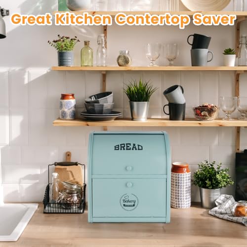 Esilihom Bread Bin, Bread Bins for Kitchen, 2-Layer | Large | Roll Top | 30 x 24.5 x 32.5cm, Green - Cosy Home Interiors Esilihom Bread Bin, Bread Bins for Kitchen, 2-Layer | Large | Roll Top | 30 x 24.5 x 32.5cm, Green - Image 4
