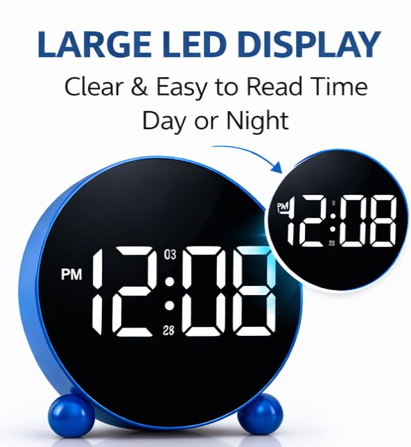 Image of Zollyss Digital Table Clock for Study Table | Blue | Round LED Display with Double Bell | Digital Alarm Clock with 3 Brightness Levels | for Bedroom or Office