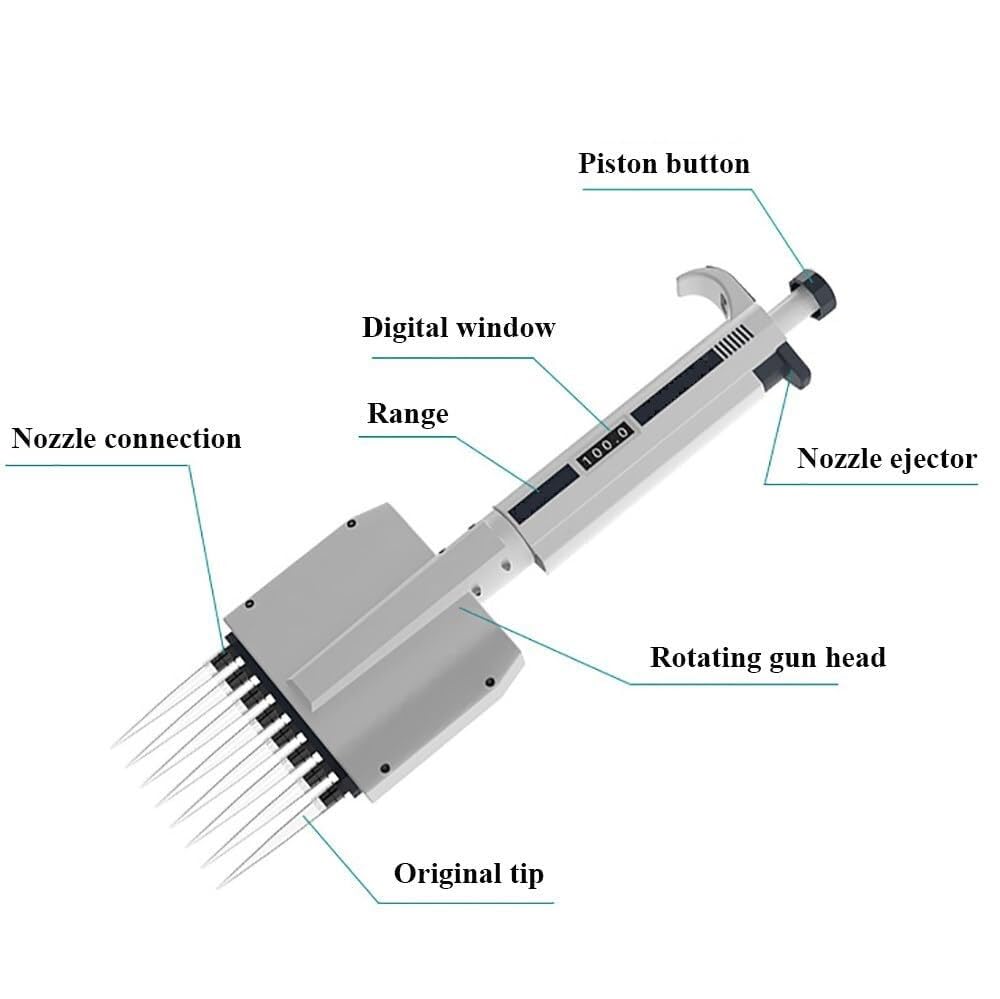 Dispensador automático de pipetas, pipeta de laboratorio de 8 canales, 0,5-300 ul, punta giratoria de 360°, con ventana digital, pipetas multicanal ajustables de alta precisión for laboratorio y escue