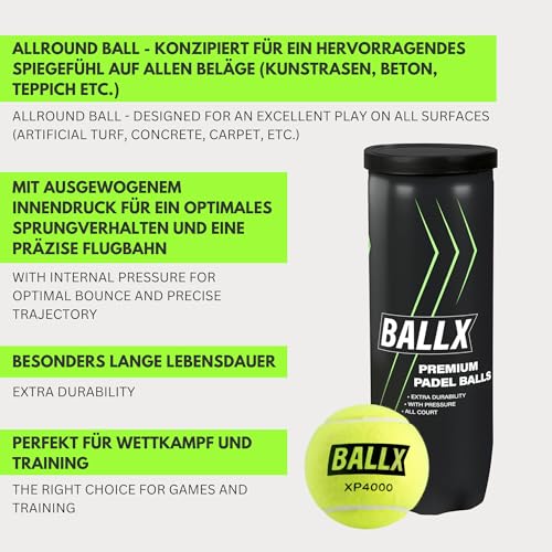 BallX Padel Bälle XP4000 mit Innendruck [3ER DOSE] - Padel Tennis Bälle aus Filz - Paddle Ball Qualitätswolle - Allrounder Paddle Balls - Pädelbälle Langlebig - Tennisbälle
