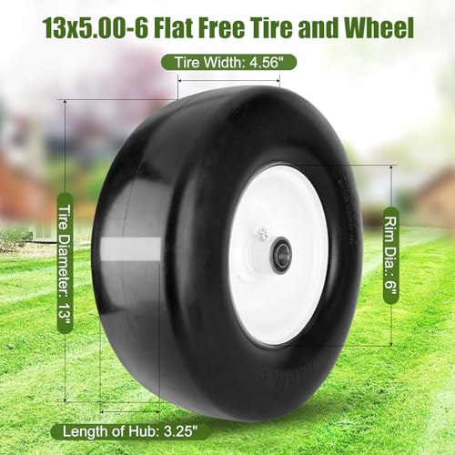 Aremae 2 PCS 13x5.00-6 Flat Free Tire and Wheel with 1/2\" & 3/4\" & 5/8\" Precision Bearings, 13x5x6 Lawn Mower Tires with 3.25\"-6.85\" Centered Hub, 13x5.00-6 tire for Riding Lawn Mower Garden Tractor - Thumbnail 2