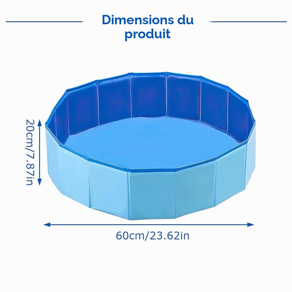 LUFEIS Piscine pour chien 60 x 20 cm Pliable Avec valve de vidange Antidérapante Pour petits chiens et chats Bleu