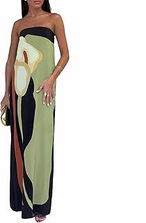 Women Strapless Maxi Dress Boho Floral Print Flowy Long Tube Dress Off Shoulder Loose Beach Sundress