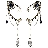 FRESHME Renaissance Black Crystal Rhinestone Fairy Elf Ear Cuffs - Antique Flower Leaf Earrings - Elven Dangle Ear Clips - Cartilage Ear - Women's Christmas Halloween Renaissance Cosplay Costume Prop