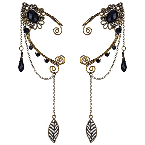 FRESHME Renaissance Black Crystal Rhinestone Fairy Elf Ear Cuffs - Antique Flower Leaf Earrings - Elven Dangle Ear Clips - Cartilage Ear - Women's Christmas Halloween Renaissance Cosplay Costume Prop