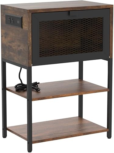 Miniatura 5 de LEBOAHOUS Juego de 2 mesitas de noche marrones con estación de carga y puerto USB, mesita de noche industrial de 3 niveles, mesita de noche con