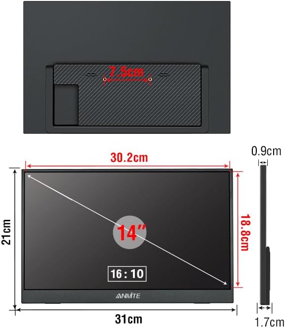 หลัง view of the Anmite 14 inch Portable Monitor with key dimensions labeled.