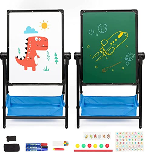 Ark miido Pizarra Blanca Infantil con Caballete de Doble Cara para niños, Pizarra Blanca y Pizarra magnética con Juego Completo de Altura Ajustable y rotación de 360 ° Cover