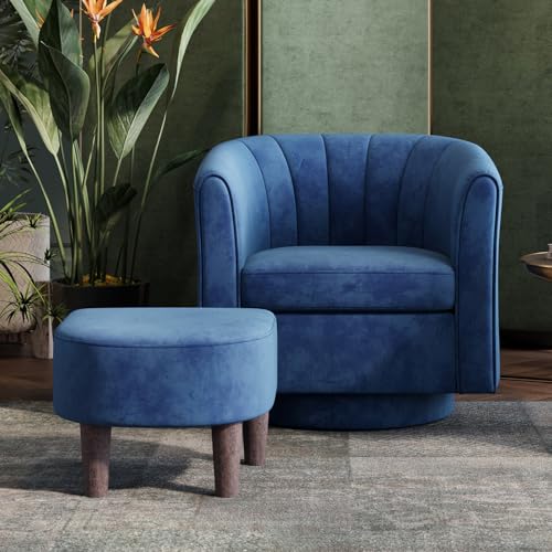 LINSY Swivel Accent Chair with Ottoman: Small Velvet Barrel Chair 360 Swivel Modern Armchair,...