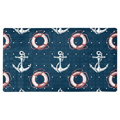 VAPOKF Bath Tub Shower Mat White Ship Anchor Lifebuoy Navy Prints Non-Slip Bathtub Mats Bathroom Soft Showermat BPA and Latex Free 14.7x26.9 inches for Baby and Adults Machine Washable Cover