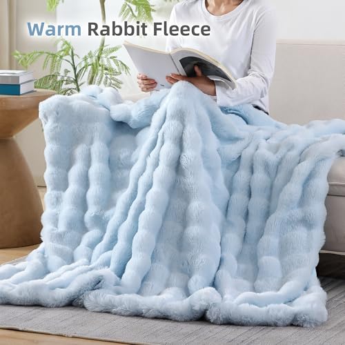 Smoofy Faux Fur Throw Blanket for Couch Rabbit Fleece - Light Blue Fluffy Blanket for Sofa Bedroom Living Room, Cozy Soft Plush Luxury Thick Winter Fuzzy Comfy Bubble Blanket - 60" x 80"
