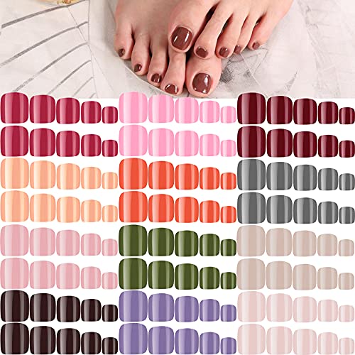 288 Pieces 12 Sets Glossy Short Press on Toe Nails Short Square Artificial Nail Tips Solid Color False Toe Nails Full Cover Square Fake Nails for Nail Art DIY Manicure (Vintage Color)