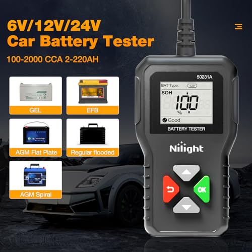 Image of Nilight Car Battery Tester 6V 12V 24V Accurate Digital Auto Analyzer 100-2000 CCA Voltage SOH SOC Internal Resistance Test for Cars Trucks SUV ATV Boats Motorcycles Vehicle