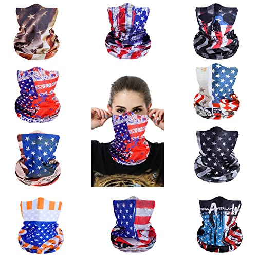 Cutewing 10Pcs American Flag Face Mask Mgic Scarf Neck Gaiter Seamless Bandanas Outdoor Magic Headband Scarf Elastic Uv Face Mask Sport Sweatband Balaclava cover