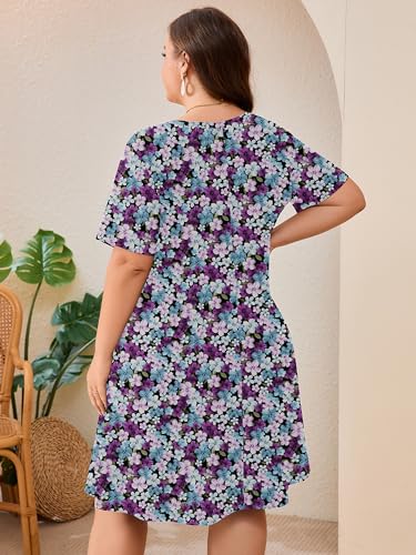 Image of AusLook Plus Size Midi Dress for Women Loose V Neck Short Sleeve Summer Casual A Line T Shirt Sundresses with Pockets 1X-5X