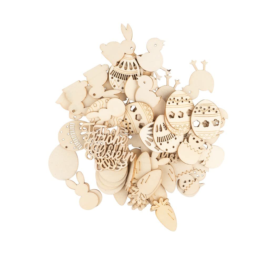 Ideen mit Herz Strooisdecoratie van hout | Vrolijk Pasen | Houten motieven lente | Paasdecoratie | Tafeldecoratie | Inclusief houten doos | 9 verschillende designs, elk 6 stuks | 54-delig