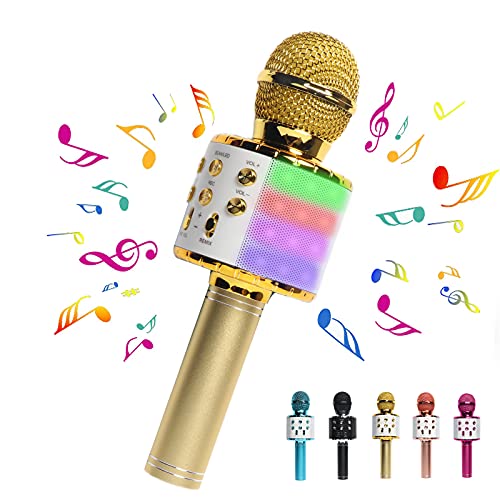 DREAM&GLAMOUR Karaoke Microphone for Kids,Bluetooth Wireless Microphone with LED Lights,Portable Handheld Karaoke Mic Speaker Machine for Girls Boys Adults(Gold)