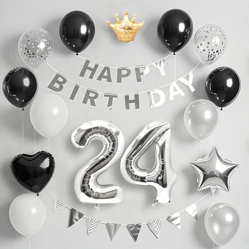 24歳 誕生日 飾り付け バルーン セット ブラック＆シルバー happy birthday バナー & 数字バルーン 紙吹雪 王冠付き 豪華パーティー装飾 男の子 女の子兼用