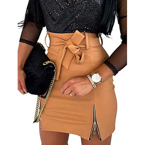 Minifalda de piel sintética de cintura alta con cremallera marrón XL Cover