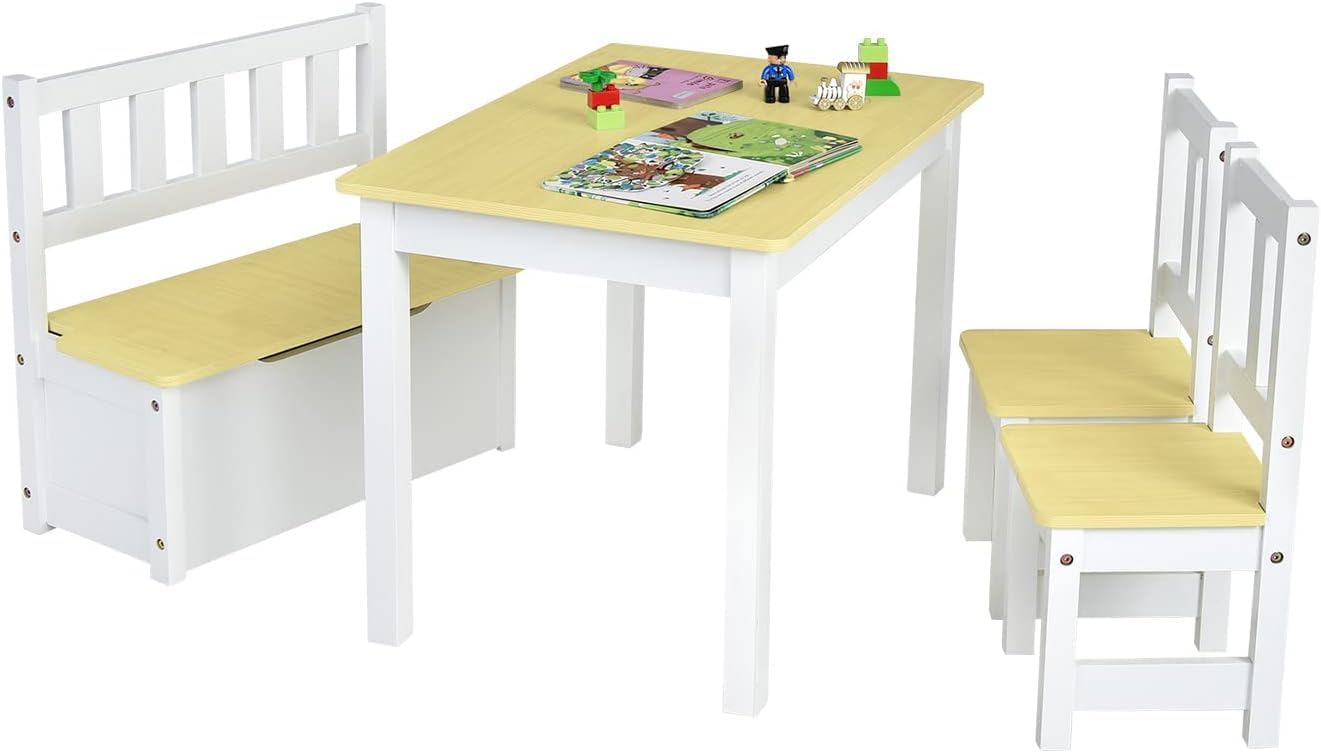 DREAMADE Kindetisch mit 2 Stühlen, Kindersitzgruppe aus Holz mit 22L Strauraum, Kindertruhenbank Kindermöbelset Holzsitzgruppe für Kinderzimmer, Spielzimmer, Wohnzimmer, Natur