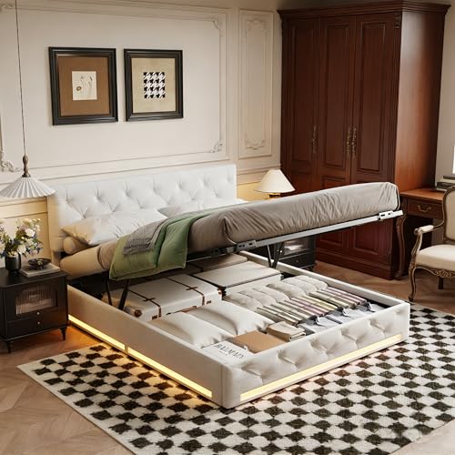 BRYXR Polsterbett 140x200, Bett mit Hydraulischem Stauraum, Doppelbett mit LED-Beleuchtung, Jugendbett Funktionsbett, Boxspringbett Bettgestell mit Lattenrost, Beige Leinen, Ohne Matratze BRYXR Polsterbett 140x200, Bett mit Hydraulischem Stauraum, Doppelbett mit LED-Beleuchtung, Jugendbett Funktionsbett, Boxspringbett Bettgestell mit Lattenrost, Beige Leinen, Ohne Matratze