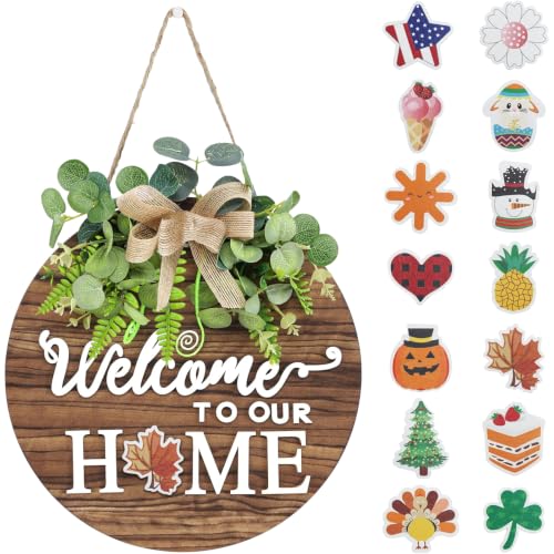 Interchangeable Seasonal Welcome Sign Front Door Decor 12 Inch Round Wood Wreaths Wall Hanging Indoor Outdoor Farmhouse Rustic Porch for Spring Summer Fall All Seasons Holiday Home Decoration