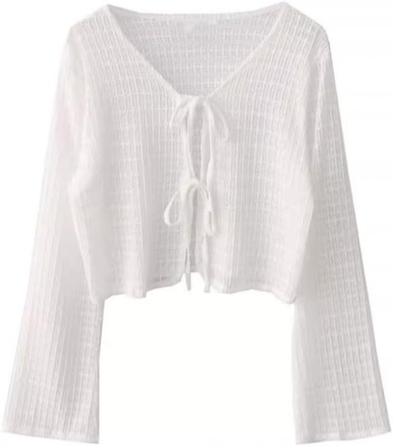 Women Crochet Shrug Sweater Tie Front Knit Shrug Lace Small Shawl Fashion Hollow Sun Protection Cardigan Tops Elegant Sheer Shrug Top White