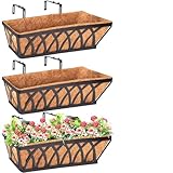 LCHUANG Deck Railing Planter Window Box - 3 Pack 24 Inch Deck Balcony Rail Planter with Coconut Coir Liner, Fence Metal Hanging Flower Planter Basket Deck Railing Planter Boxes for Outdoor Lawn