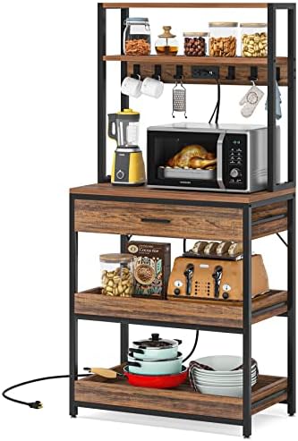 LITTLE TREE Kitchen Baker’s Rack with Power Outlets, Freestanding 5-Tier Microwave Stand with Drawers & Sliding Shelves, Coffee Bar with 6 Hooks for Dining Room Living Room, Rustic Brown