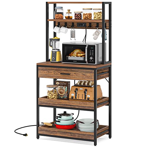 Kitchen Baker’s Rack with Power Outlets, Freestanding 5-Tier Microwave Stand with Drawers & Sliding Shelves, Coffee Bar with 6 Hooks for Dining Room Living Room, Rustic Brown