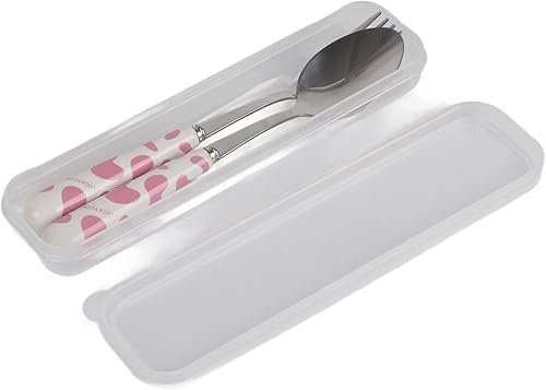 Juego de 2 cubiertos de acero inoxidable con cuchara de tenedor portátil y reutilizable, vajilla de cocina con caja para niños (rosa)
