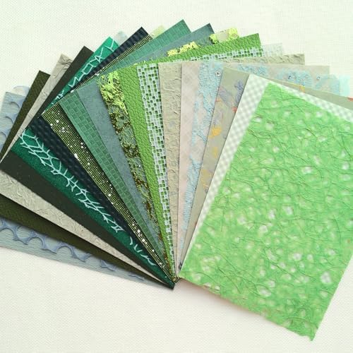 20 Unique A5 Textured Scrapbook Paper & Mesh Fabric Set, Handmade Craft Paper for Scrapbooking, Junk Journal Supplies, Card Making, Decoupage, Collage & Gift Embellishments (Green)