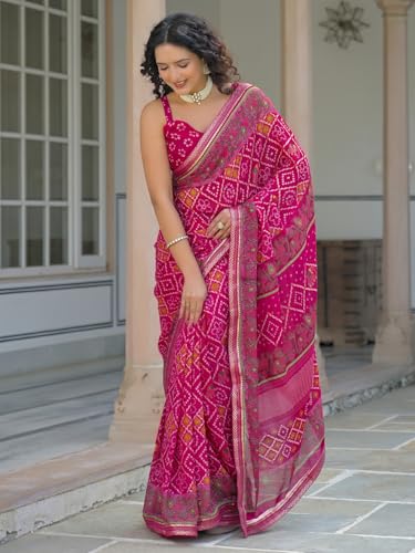 Image of SIRIL Women's Georgette Bandhani Printed Saree With Unstitched Blouse Piece