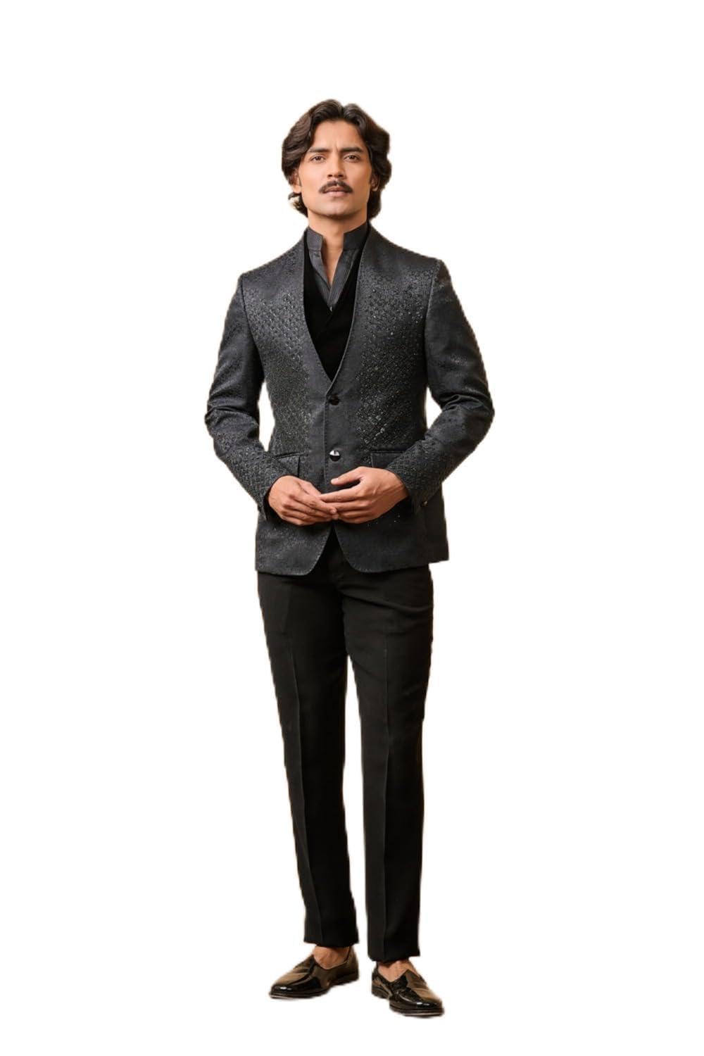 Black Jacquard Dinner Jacket With Embroidery Highlights-image-22