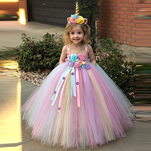 Shufeng 2019 Filles Licorne Robe Fleur Tutu Robe Enfants Crochet Tulle Strap Robe De Bal Robe Robe + Chapeaux 2pcs Enfants Costume De Fête Robe,Unicorn,10~12Y
