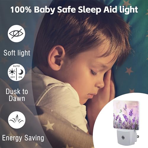 Image of Purple Lavander Flowers Butterfly Night Light Plug into Wall,Watercolor Lavander Floral Dusk to Dawn Night Light,0.5w Energy Saving Sleep Friendly Nightlights for Kids Boys Girls Home
