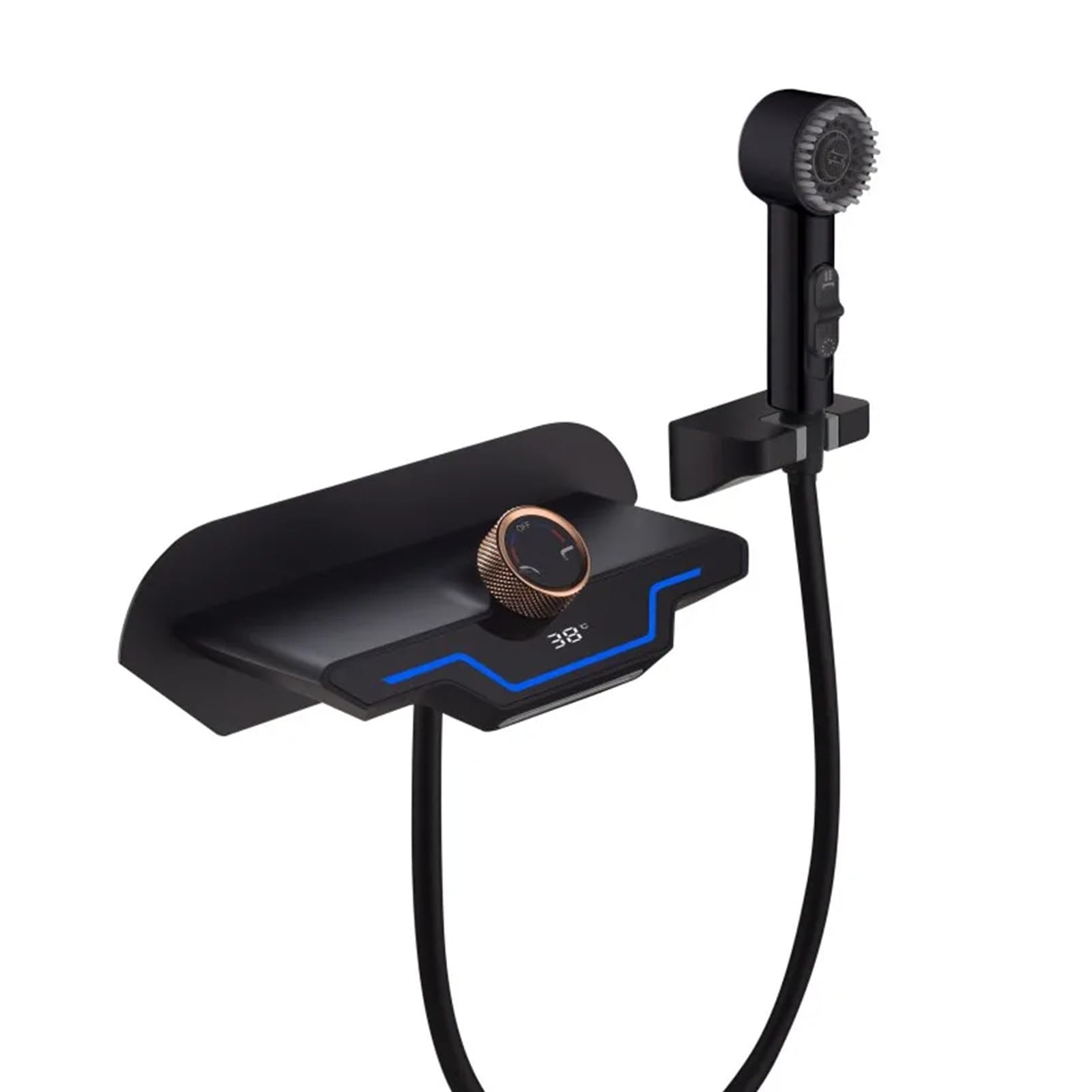 SWENEEN Modern Wall Mounted Bathtub Faucet With Handheld Shower Waterfall Tub Faucet With Temperature Display & Ambient Light Single Handle Bathroom Mixer Tap With Handshower Sys,Matte Black