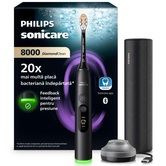 Philips Sonicare Next-Generation DiamondClean 8000 HX8311/12 - Spazzolino elettrico con controllo intelligente della pressione e 15 impostazioni, nero