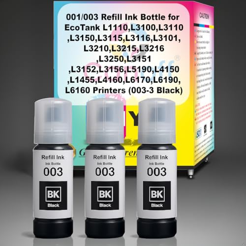 Image of CANOFF 003 Refill Ink Bottle Compatible for Epson L3110,L3150,L3250,L3252,L3115,L3116 Ink Tank Printers - High Yield,Long-Lasting,Easy to Refill Ink for Smooth Printing (003 Black Pack of 3pc.)