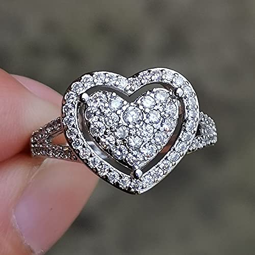 Dainty Women's White Gold Plated Pavé-Set Cluster White Cubic Zirconia Love Heart-shaped Wedding Promise Rings4