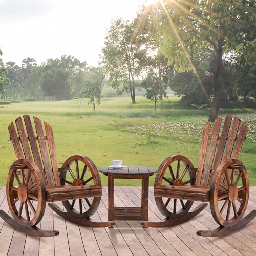Spurgehom 3 Pieces Outdoor Wood Rocking Chair Set, 2 Patio Decor Yard Glider Rocking Chairs with 1 Side Table, Adirondack Rocking Chair for Porch Lawn Garden Balcony Poolside, Brown