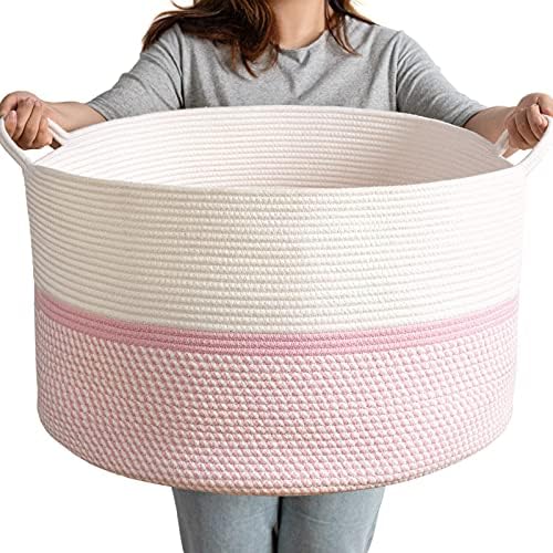 CHICVITA Extra Large Cotton Rope Woven Basket, XXL Throw Blanket Storage Basket with Handles, Pink Decorative Clothes Hamper - 22" x 22" x 14"