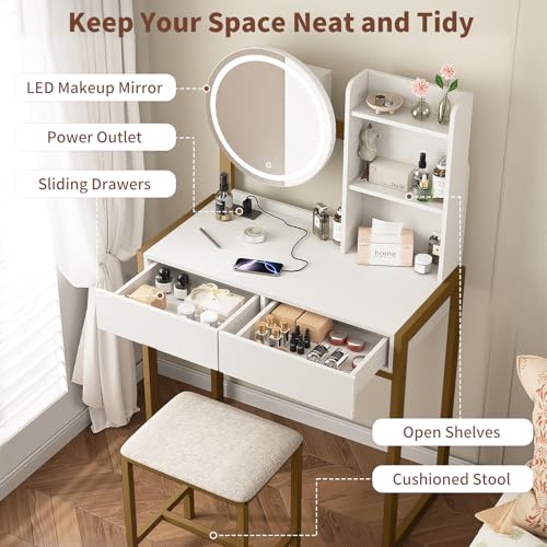 Image of Small Vanity Desk with Mirror and Lights, Makeup Vanity Table with LED Mirror, 3 Lighting Modes, Power Outlet, Drawer, Open Shelves and Cushioned Stool for Bedroom (Gold)