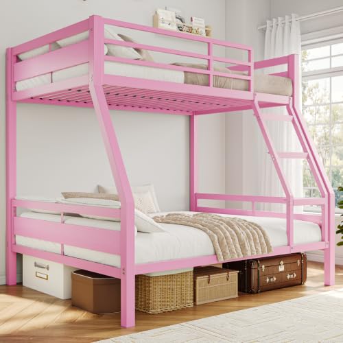 Image of iPormis Metal Bunk Bed Twin Over Full, Heavy Duty Bunk with High Guardrail and Safety Entrance Design, Under-Bed Storage Space, Easy Assembly, Noise Free, Pink