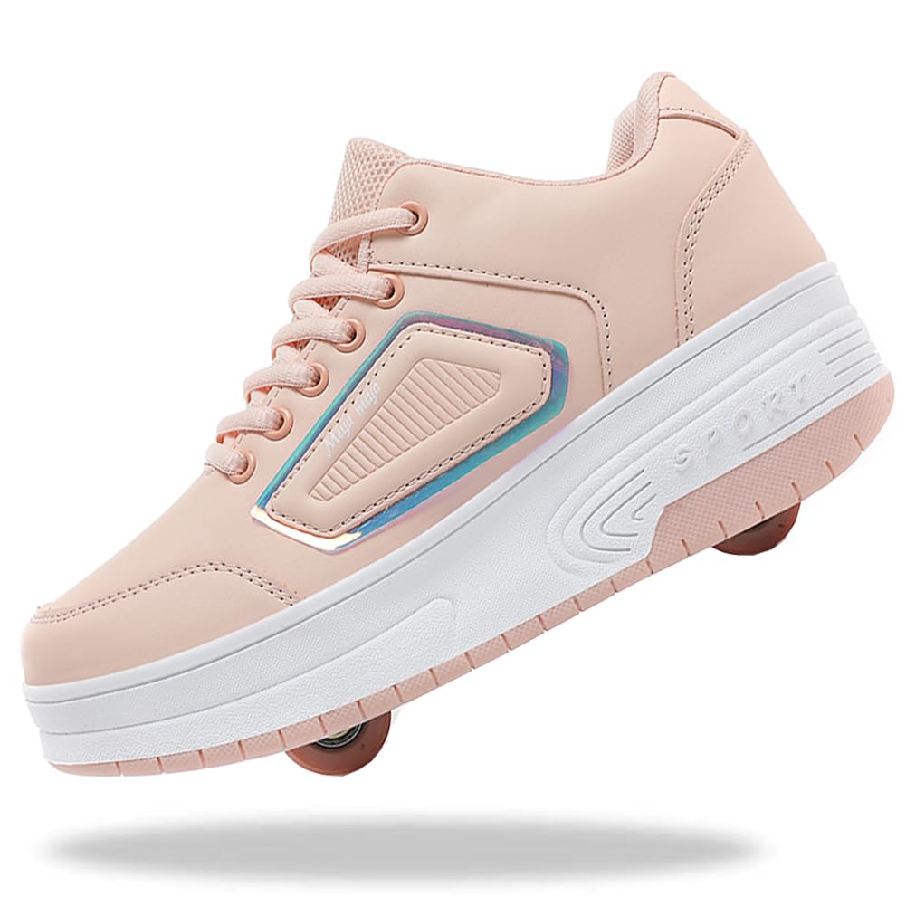 Yogeeft Shoes with Wheel for Kids - Roller Skate Retractable Wheels Fashion Sneakers Wheeled for Christmas Halloween Beginners 7.5 Big Kid Nl-pink