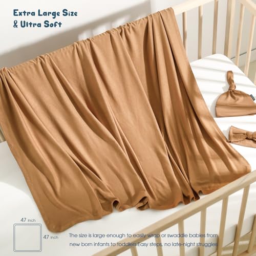 Image of GRSSDER Newborn Swaddle Blanket, Ultra Soft Jersey Receiving Blanket with Matching Headband and Beanie Set, 47x47 inch Extra Large Nursery Swaddle Wrap for Girls and Boys