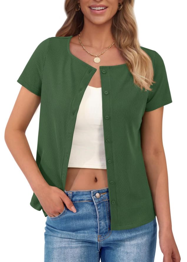 Womens Lightweight Summer Cardigan 2025 Short Sleeve Button Down Open Front Loose Fit Rib Knit Round Neck Cute Tops Clothes