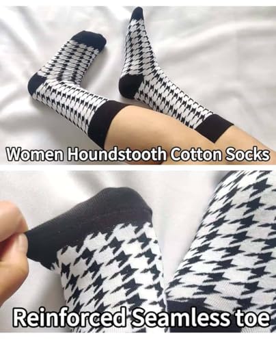 2 Pairs Women Soft Cozy Organic Cotton Houndstooth Socks Calf Crew Plaid Pattern Graphic Casual Spring Fall Winter Outdoor Office Work Christmas Holiday Gifts Black White2